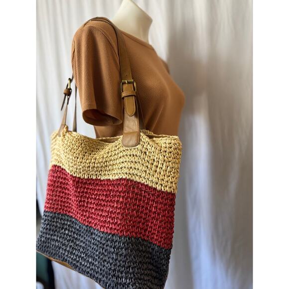 Woven Colorblock Shoulder Bag with Faux Leather Straps - Picture 3 of 7